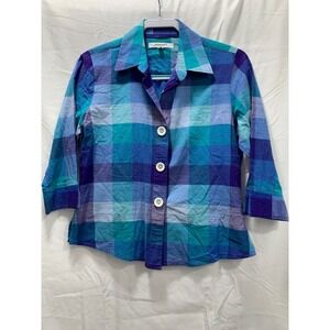 Foxcroft NYC Women's Blue Plaid 3/4 Sleeve Button Down Shirt Size 8P